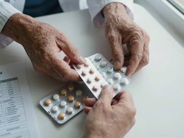 Close-up overhead shot of a geriatrician's hands organizing multiple medication blister packs on a desk, natural daylight from a nearby window, a printed medication list partially visible alongside