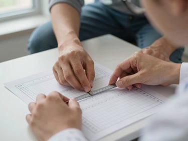 Close-up overhead shot of a clinician's hands placing a measuring tool on a printed gait assessment form on a desk, soft natural window light from the upper left, a patient's lower legs visible at the edge of the frame in soft focus