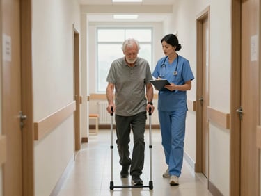Wide shot of a physical therapist observing an older patient performing a timed walking assessment in a clinic hallway, natural light from a window at the end of the corridor, clinician holding a clipboard and watching the patient's gait closely