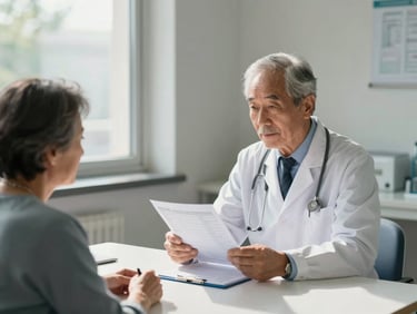 Wide shot of a geriatrician standing beside a patient seated at a table, both looking at a printed medication list under soft directional daylight from a nearby window, clinical consultation room context