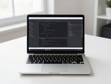 Straight-on flat-lay of a clean modern workspace with a laptop displaying a high-contrast code editor, bright natural office light, sharp focus, 35mm