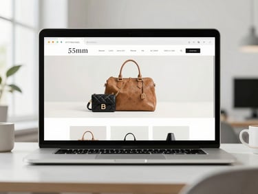 Straight-on clean browser mockup of a minimalist e-commerce storefront showcasing luxury products, sharp focus, bright natural studio lighting, 35mm