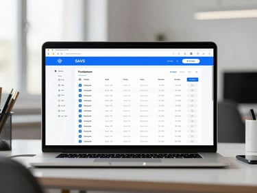 Straight-on clean browser mockup of a modern SaaS dashboard with structured data tables, electric blue accents, sharp focus, bright natural office light, 35mm