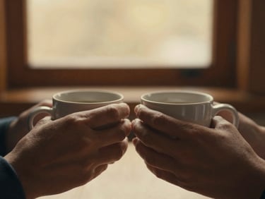 Close-up de duas mãos segurando uma xícara de café, com luz suave de janela, tons quentes e profundos, profundidade de campo rasa, estilo fotográfico editorial.