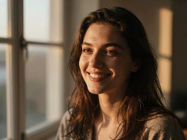 Pessoa confiante sorrindo suavemente, em um ambiente natural, com luz dourada do pôr do sol, tons quentes, profundidade de campo rasa, estilo fotográfico editorial.