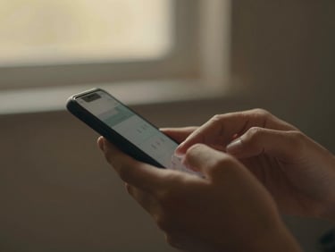 Close-up of hands holding a smartphone, typing a message, with soft golden light falling on them, shallow depth of field, rich muted tones, 35mm film look.