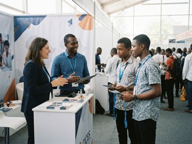Bright modern exhibition booth at CICES Dakar, professional representatives talking to West African students, daylight, corporate blue accents, 35mm lens