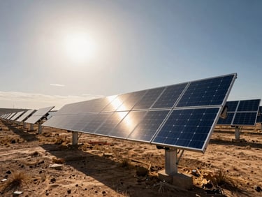 Utility-scale solar array installation stretching across an arid landscape under dramatic low-angle sun reflecting off silicon.