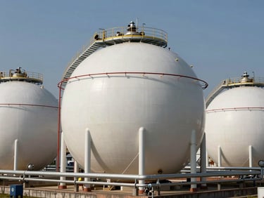 Massive spherical petrochemical storage tanks under high-contrast daylight with heavy steel piping networks.