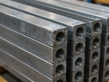 Close-up of raw metal billets and high-grade industrial alloys stacked in a structural grid under cold warehouse lighting.