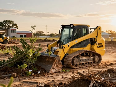 Action shot of a compact Bobcat loader grading raw Texas clay, low-angle perspective emphasizing steel treads and hydraulic arm, morning sun casting sharp shadows, wide landscape framing.