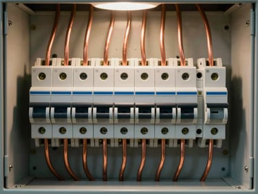 Symmetrical close-up of a perfectly organized, clean modern circuit breaker panel, copper wiring routed in flawless parallel lines, warm studio lighting.