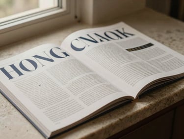 Tactile paper mockups of a luxury magazine layout on a limestone surface, elegant serif typography, warm editorial lighting, 35mm