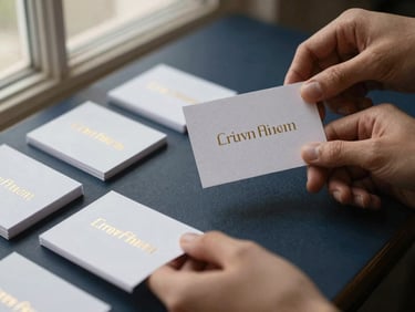 Hands arranging physical brand assets, heavy cotton paper business cards with gold foil debossing, warm editorial photography, soft side-lit window light, 35mm