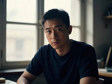 High-contrast editorial portrait of a maker, soft side-lit window light, deep navy shadows, shallow depth of field, 35mm