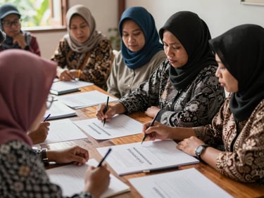 A collaborative workshop in Central Kalimantan with women leaders discussing community development plans around a wooden table.