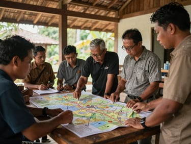 A collaborative community mapping workshop in a wooden community hall in Central Kalimantan, local leaders and researchers analyzing a large map on a table under soft natural daylight.