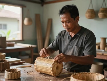 A local entrepreneur in Palangka Raya refining handmade rattan crafts inside a brightly lit community workshop.