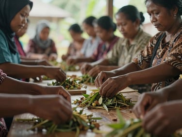 A close-up of local Kalimantan women processing agricultural goods during a community training workshop under soft daylight.