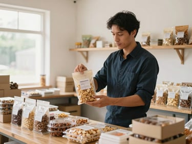 A local entrepreneur showcasing packaged food products in a bright, clean village workspace.