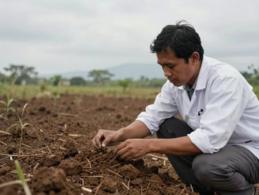A researcher taking soil samples in a peatland conservation area of Central Kalimantan, soft overcast sky.