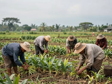 Local farmers in Central Kalimantan practicing sustainable agriculture techniques in an open field, natural daylight.