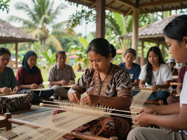 Wide environmental shot of a local woman entrepreneur in Central Kalimantan demonstrating traditional weaving techniques to a group of researchers under natural tropical daylight.