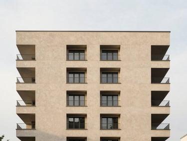 Minimalist high-rise residential facade in Berlin, clean linear concrete lines, soft overcast daylight, architectural photography