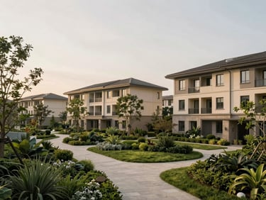 Low-emission suburban residential cluster integrated with lush green landscaping and pathways, soft diffused daylight
