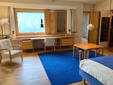 Bright Nordic living room with blue rug, wood furniture and large window facing nature