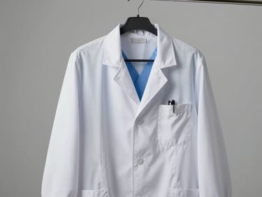 Crisp commercial photography of a pristine white doctor's lab coat, hanging on a hanger, clean studio light, sharp focus, neutral background