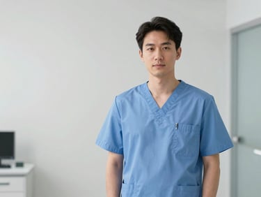 Healthcare professional wearing pristine medical blue scrubs in a modern clinic, crisp commercial photography, bright clinical studio light, sharp focus, 50mm lens