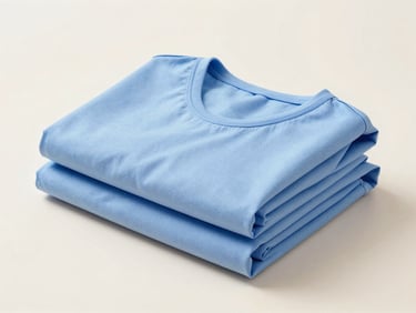 Commercial photography of a neatly folded patient gown, soft, durable fabric visible, clean studio light, neutral background