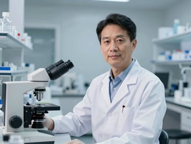 Scientist in a clean white lab coat in a modern laboratory, crisp commercial photography, bright clinical studio light, sharp focus, 50mm lens