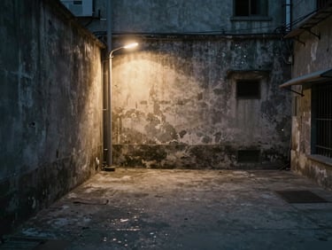 Wide establishing shot of a weathered urban alleyway at dusk, single practical lamp casting naturalistic warm pool on rough concrete — 16:9 cinematic frame, deep foreground shadow, subject-free, documentary mood