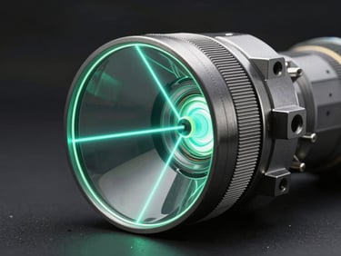 Technical CAD schematic of an injection-molded waveguide lens, showing light paths in neon cyan refracting through diffractive optical elements, dark background