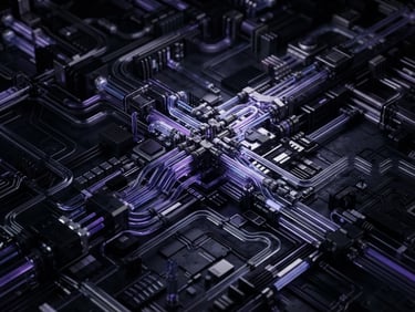 sleek 3D render of complex data pipelines, moody low-key studio lighting, deep obsidian tones with subtle violet accents, ultra-sharp macro focus, wide view