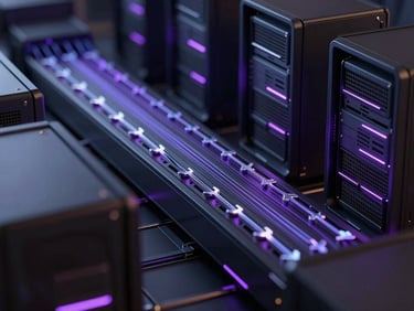 Sleek 3D render of abstract data streams flowing through server architecture, sharp neon key lights, deep obsidian tones, ultra-sharp macro focus