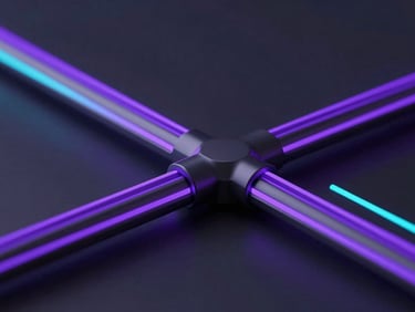 Sleek 3D render of a financial data pipeline, glowing violet and cyan lines, moody low-key studio lighting, ultra-sharp macro focus