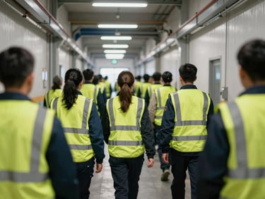 Environmental wide shot of a brigade training session inside an industrial facility corridor, participants in safety vests practicing evacuation procedures, practical overhead fluorescent lighting, documentary framing from behind the group