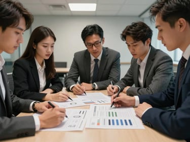 Small group of professionals seated around a conference table reviewing a printed business continuity plan, one person marking a scenario card, documentary lighting from ceiling fixtures