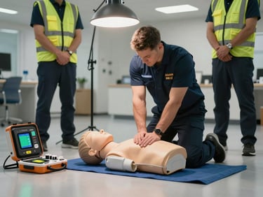 Brigade member practicing CPR on a training mannequin placed on a facility floor, defibrillator open beside them, overhead working light, two observers in safety vests watching