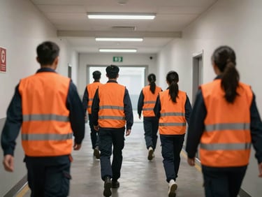 Wide shot of a brigade drill in a warehouse corridor, four participants in orange safety vests moving in formation toward an emergency exit under working fluorescent light, emergency signage visible on the wall