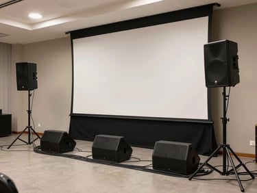 Wide environmental shot of a professional sound rig and large projection screen set up in an indoor event hall, cables organized on the floor, neutral overhead lighting, no people