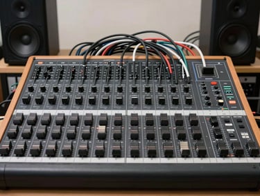 Close-up overhead view of professional audio mixer and cables laid out on a table, compact subwoofer and amplifier rack visible in the background, bright neutral studio lighting, straight-on documentary framing, no people