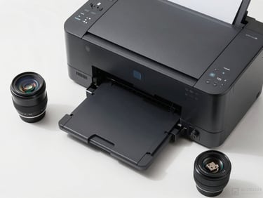 Overhead flat-lay of a laser printer and USB peripherals on a white surface, bright studio lighting, sharp product detail, no people