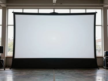 Wide shot of a large LED projection screen installed at the front of an empty event hall, projector beam visible, neutral daylight through windows, no people, gear in working position
