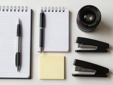 Straight-on overhead of stationery items — pens, notebooks, sticky notes, a stapler — arranged on a clean white surface under bright neutral lighting, product flat-lay
