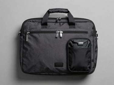 Overhead flat-lay of a protective laptop bag and cable organiser pouch on a neutral grey background, studio strobe lighting, clean product photography