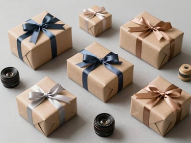 Flat-lay of wrapped gift boxes, ribbons and small accessories arranged on a neutral grey surface, bright daylight from the side, clean composition, no people